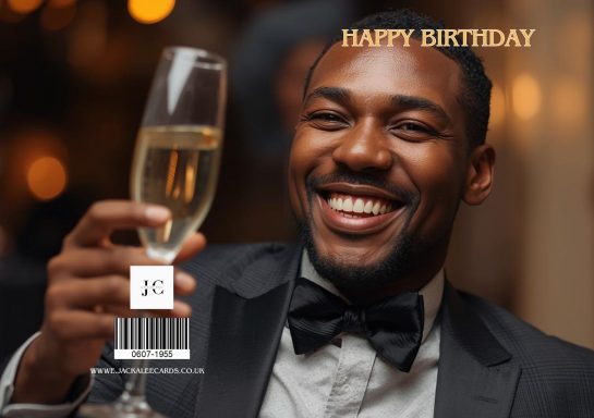 Smiling man in a suit toasting with a glass, celebrating a birthday.