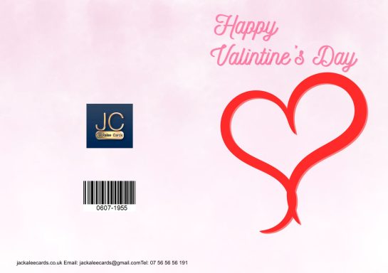 "Valentine's Day card design with heart and logo on a pink background."