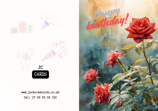 JC 0013 Red roses with a cheerful "Happy Birthday!" message in a festive design.