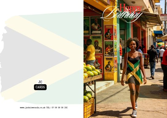 JC 0019 A woman in a Jamaican flag dress walks through a vibrant street market.
