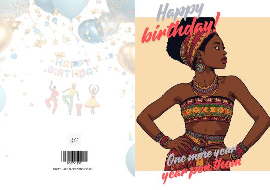 A birthday card featuring a woman in traditional attire and festive decorations.