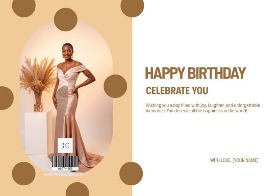 A woman in an elegant gown stands beside a decorative arrangement, celebrating a birthday.