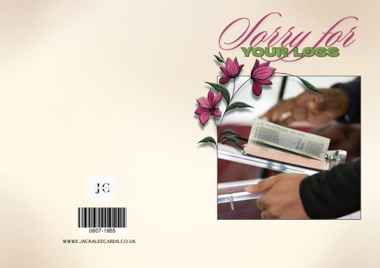 A hand holding a book on a table, surrounded by pink flowers with "Sorry for your loss" text.
