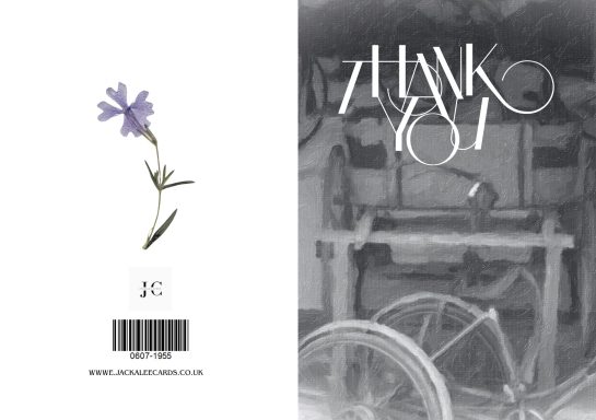 A thank you card featuring a purple flower and vintage bicycle background.