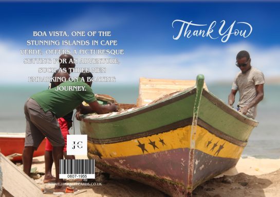 Two individuals working on a colourful boat near a beach with a "Thank You" message.