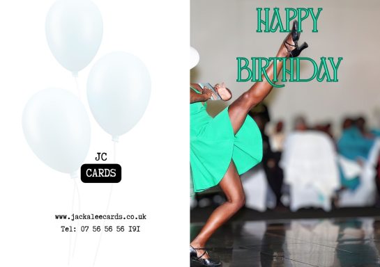JC 0016 A birthday greeting with balloons and a dancer in green attire celebrating.