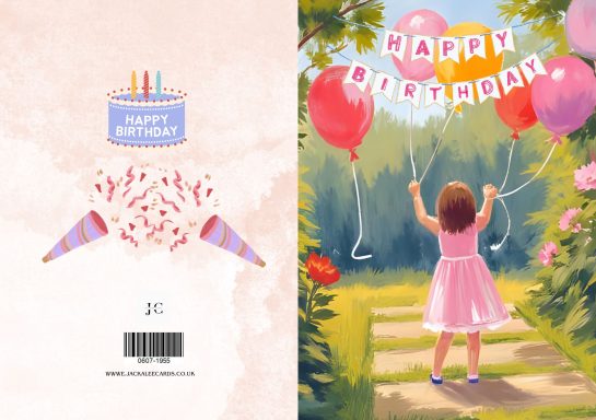 A girl in a pink dress holds balloons, with a birthday cake and decorations in a garden setting.