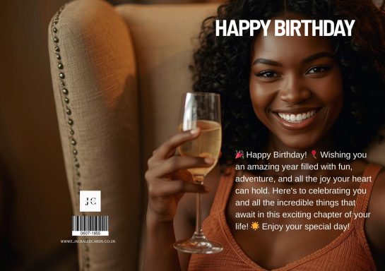 Smiling woman holding a champagne glass, celebrating a birthday.